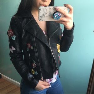 Black Leather Jacket with Embroidery